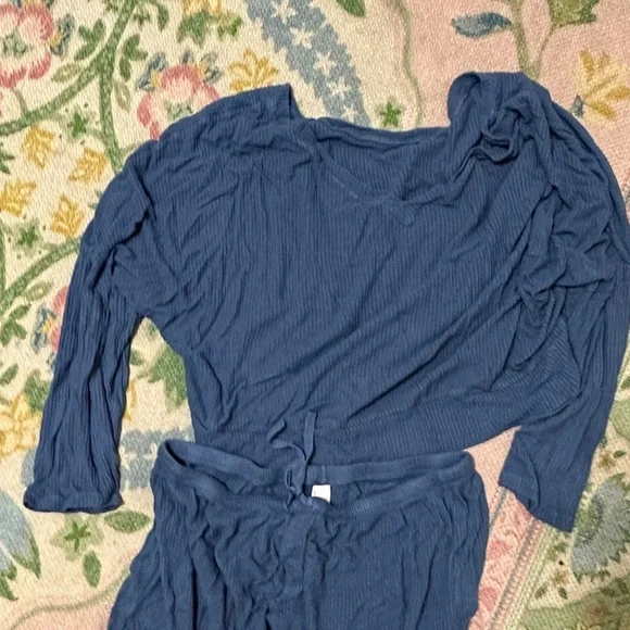 Blue Ribbed Lounge Set - Two-Piece Top & Pants - Picture 2 of 4
